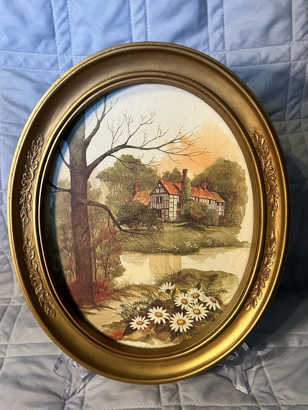Vintage HOMCO Oval Cottage Landscape Wall Art Gold Frame Glass